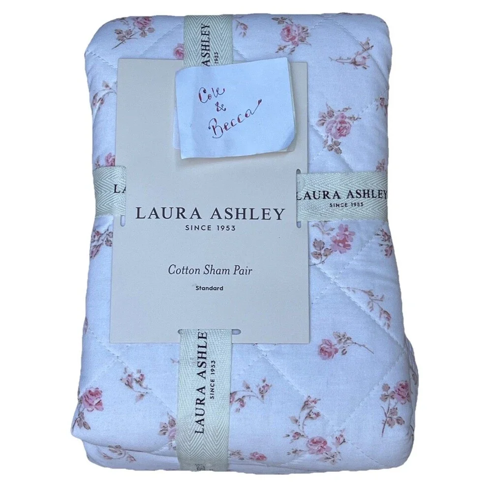Laura Ashley Rosebuddies Skinny Stripe Pink Cotton Sham Pair Standard Floral New
